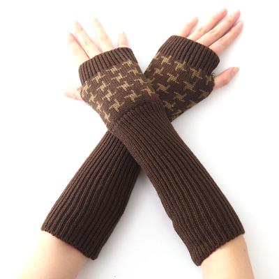 China Winter Simple Grid Pattern Arm Long Warm Knitted Fingerless Gloves For Women High Elastic Winter Warm for sale