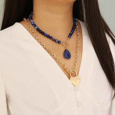 China WoYing Boho Fashionable Natural Stone Bead Necklace Blue Crystal Heart Pendant Alloy Chain Multilayer Necklace for sale