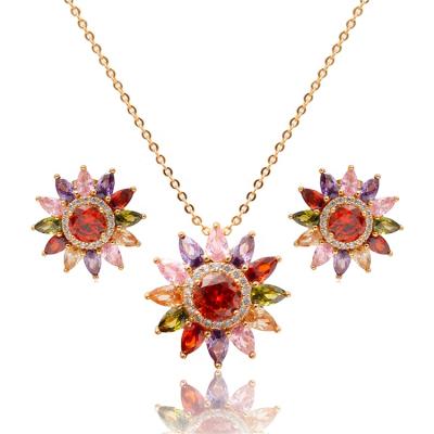 China FASHIONABLE Luxury Brazil Exaggerated Flower Diamond 24k Brass American Gold Plated Real Party Wedding Zirconia Colorful Jewelry Set for sale