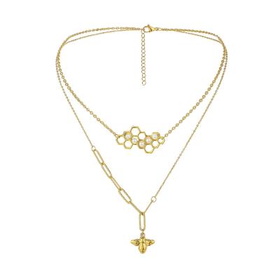 China Fashionable bee bead bead double layer stainless steel latest design double layer gold bee animal pendant necklace for sale