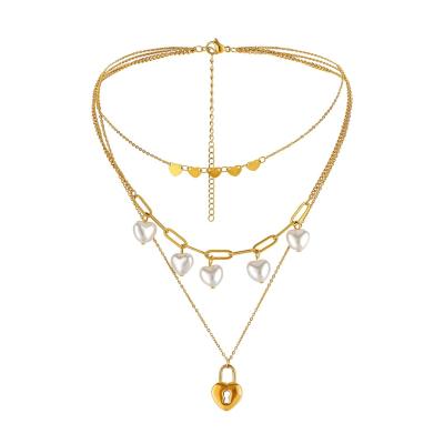 China FASHIONABLE Amazon Hot Sale Lady Stainless Steel Gold Plated 3 Layers Bead Love Heart Lock Necklace For Women for sale