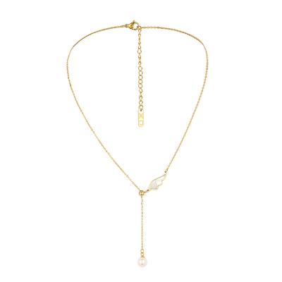 China Fashionable Cheap Luxury Gold Plated Stainless Steel Shell Angel Wings Pearl Adjustable Chain Necklace for sale