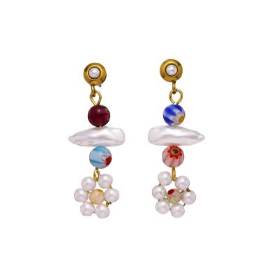 China FASHIONABLE Hot Selling Personality Stainless Steel Ethnic Baroque Flower Beaded Pearl Stud Earrings For Women for sale