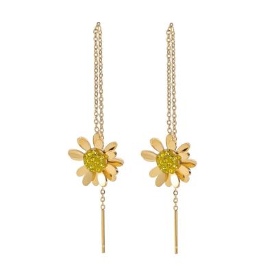 China New Trendy Daisy Flower Ear Line Zirconia Stainless Steel Small Dangle Piercing Dangle Earrings Long for sale