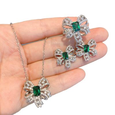 China Wholesale Vintage Simulation Emerald Green Crystal Stone Bone Chain Necklace Ring Bow Earrings For Women for sale