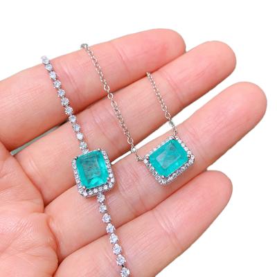 China Small Square Vintage Paraiba Zircon Simple Blue Cubic Antique Bracelet Jewelry Indian Jewelry Necklace Set Women for sale