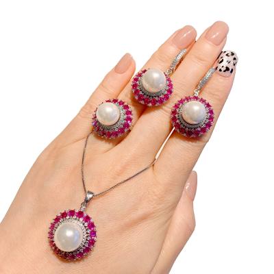 China Female French Freshwater Pearl and Ruby Ring Earrings Necklace Jewelry Set Retro Vintage New Design for sale