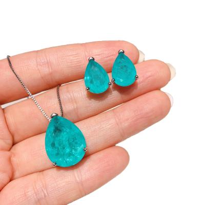 China Wholesale Vintage Simple Emerald Paraiba Pear Water Drop Shaped Necklace Earring Pendant Jewelry For Women for sale