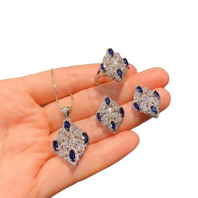 China High Quality Dark Blue Ring Necklace Women Jewelry Vintage Sapphire Stone Zircon Fashion Stud Earrings Pendant for sale