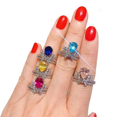 China Retro Vintage Fashion Simulation Pink Yellow Blue Aquamarine Diamond Bling Lady Finger Ring for sale