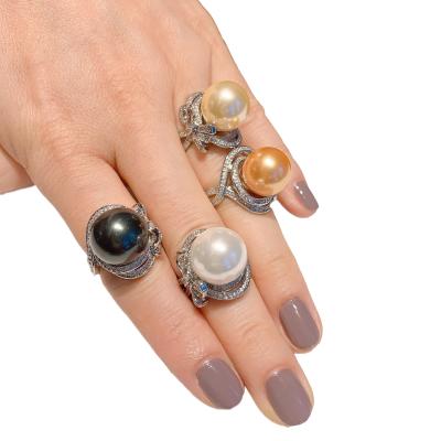 China Large Delicacy Vintage Fashion Adjustable Gold Black Hawaiian Pearl Ring For Women White Copper Zircon Ring for sale