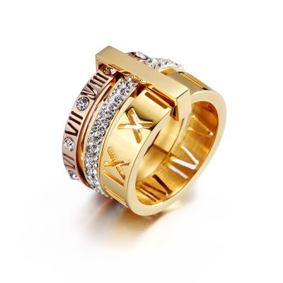 China Wholesale CLASSIC Gold 18K Rose Gold Plated Stainless Steel Diamond Roman Letters Female Couple Rings for Women for sale