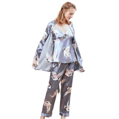 China Sati QUICK DRY Spring Print Fabric Female Long Sleeve 3 Piece Sleepwear Uses Pajamas For Girl Sets Pajamas for sale