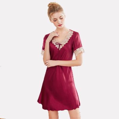 China Breathable Elegant Ladies Short Sleeve Shirts Women Night Dress Short Satin Nightgowns for sale