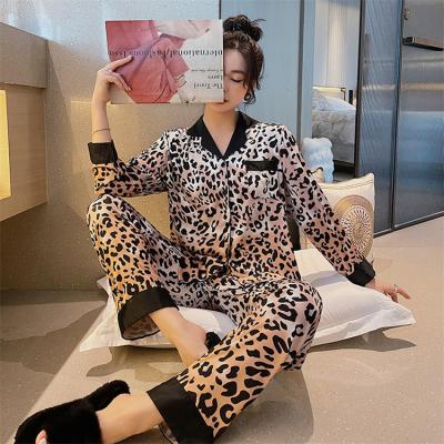 China QUICK DRY wholesale long sleeve leopard print thin plus size pajamas fashion copy silk two piece set for sale