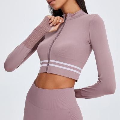 China Female Seamless Yoga Clothes Sheath Long Skinny Short Yoga Jacket Zippered Stand Collar Sports Jacket Feel Workout Bare Top for sale