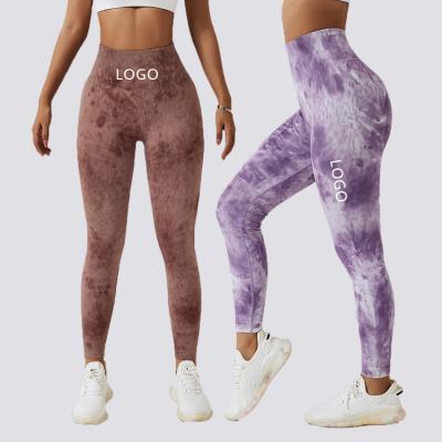 China Breathable Gaiters Fitness Pants Comfortable Breathable Stretch Dye Tie Dye Seamless High Waisted Yoga Sports Tights Workout Gaiters for sale