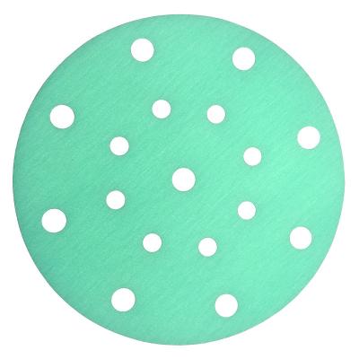 China 6 Inch 150mm 17 Hole Custom Hook And Loop Green Film Sandpaper Sandpaper Disc 60-2000 Sanding Dusts Round for sale