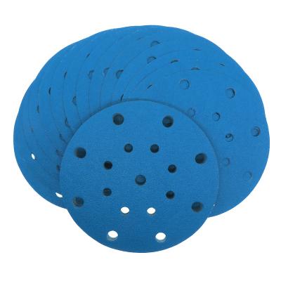 China 6 inch 150mm 17 hole hook and loop PET paper sanding disc blue orbital sandpaper sandpaper for car paint round for sale