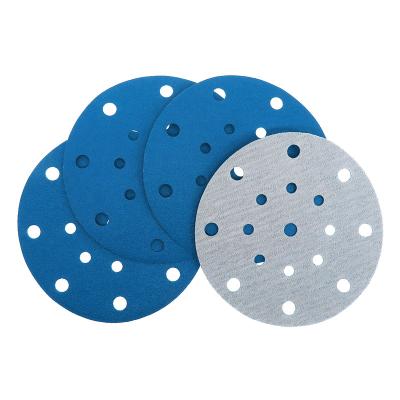 China 6 Inch 150mm 17 Holes Hook and Loop PET Paper Sandpaper Blue Water Film Sandpaper Sanding Disc For Car Paint Round for sale