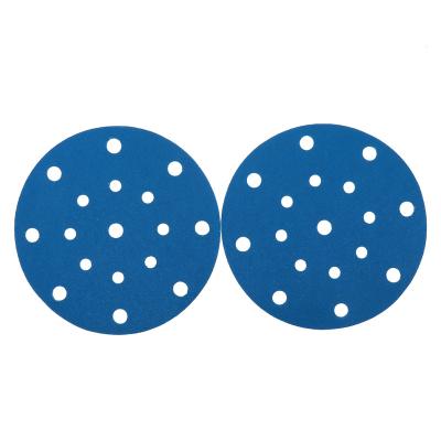 China 6 Inch 150mm 17 Holes 60-2000 Film Grit Sandpaper Blue Sand Aluminum Oxide Hook And Loop PET Paper Sanding Disc For Car Paint Round for sale