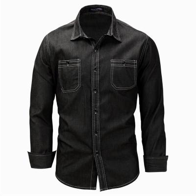 China Factory Price Anti-Shrink Washed Long Sleeves Mens Jeans Model Man Black Denim Shirt for sale