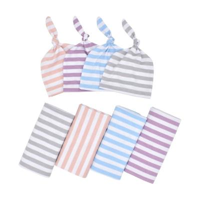 China Anti-Static Newborn Receiving Blanket With Hat 100% Cotton 80*80cm Organic Soft Striped Baby Wrap Wrap for sale