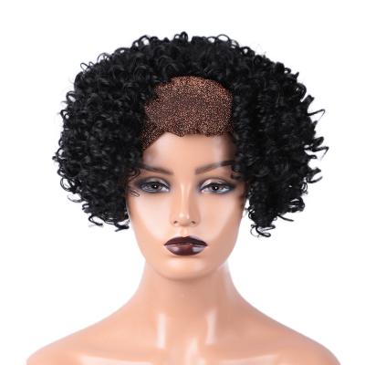 China Wholesale Cheap Jerry Curl Water Wave Short Black Kinky Curly Synthetic Headband Tied Wig Handle Color Women Brazilian for sale