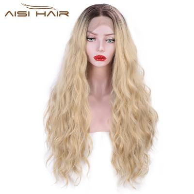 China Long Ombre Hair Aisi Hair Blonde Body Wave Root Wig Lace Part Wig High Quality Wavy Dark Middle Frontal Wave Synthetic Hair Wigs For Women for sale