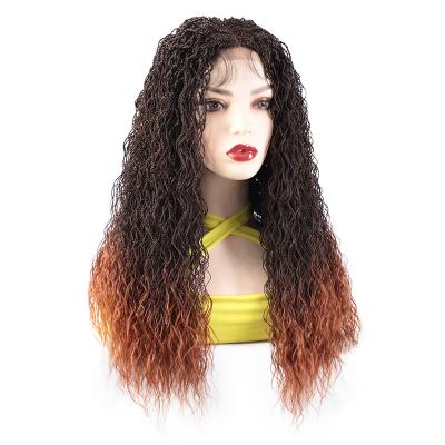 China Aisi Long Curly Hair Design Ombre Brown Swiss Braided Senegalese Twist Lace Wigs New Braided Color Women Front Lace Synthetic Wigs For for sale