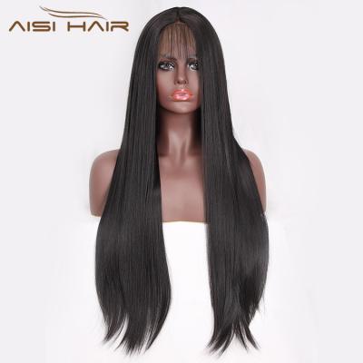 China Cheap Aisi Silky Straight Human Hair Wave Wig Natural Black Synthetic Long Lace Front Women Wig With Baby Hair Front Lace Wigs For Black for sale