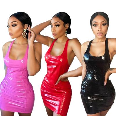 China Newest Anti-Static Latex Bodycon Dress Hot Pink Red Black Sleeveless Nightclub Wear Cut Out Mini Party Leather Dress Women for sale