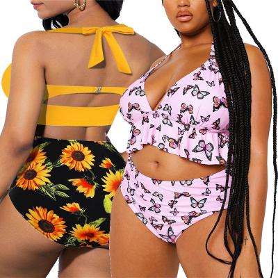 China Women's Girl's Bikini Set Cut Out Bohemian Halter Neck Swimsuit Beachwear Style Waist Swimwear Plus Size Women's Swimwear for sale