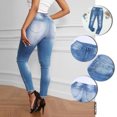 China Breathable Light Blue Jeans Pants Ripped Hole Women Straight Casual Pants Ladies Skinny Jeans Female for sale