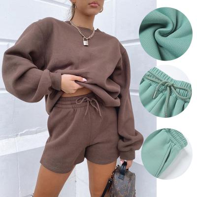 China Low Price Anti-pilling Long Sleeve Shorts Custom Women Two Piece Set Sets Plain Sweater Hood Swearsuit Fleece Sweat Suits Hoodies for sale