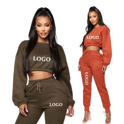 China 2 Piece Set Women Clothing Solid Color Long Sleeve Cropped Jogger Sweatsuit Breathable Customized Tracksuit Set for sale