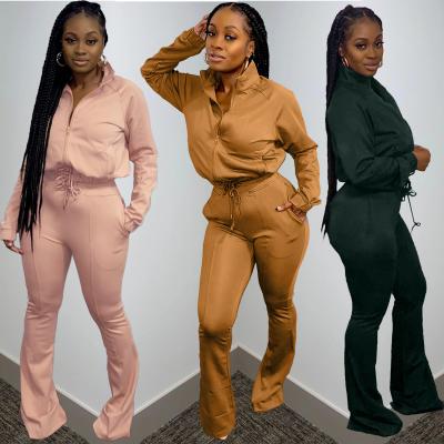 China Breathable Soft Zipper Jacket Long Sleeve Comfortable Wid Leg Pants Winter Women Two Piece Set Clothing for sale