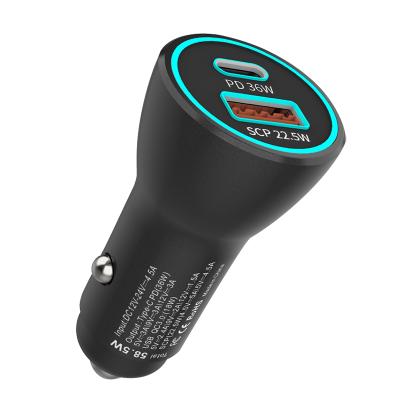 China 2021 Mobile Phone Dual USB 36W PD With 22.5W SCP Blue Light Car USB Charger QC 3.0 58.5W Car Charging for sale