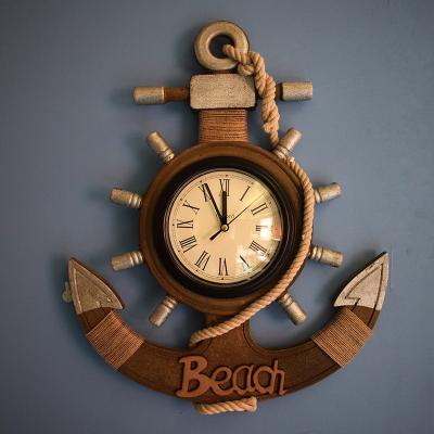 China Creative Distressed Wooden Rudder Mute Clock Pendant Retro Decoration Mediterranean Style Boat Anchor Wall Clock Wall Decorations for sale