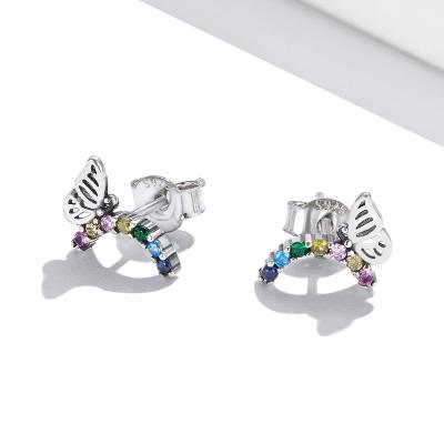 China Elegant Jewelry Charm Set of S925 Sterling Silver Lucky Rainbow Colorful Crystal Necklace Earrings Butterfly Ring for sale