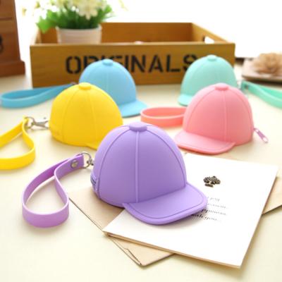 China Cartoon Key Chain Candy Color Baseball Coin Bag Mini Key Case Cap Silicone Change Clutch Cute Female Bag Hat for sale