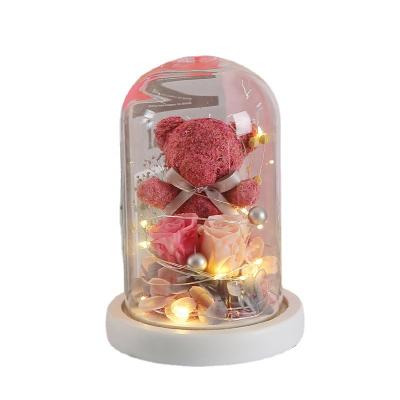 China Valentine's Day Eco-Friendly Gift Preserved Flower Glass Cover Gift Box Moss Bear Rose Roses In Glass Dome for sale