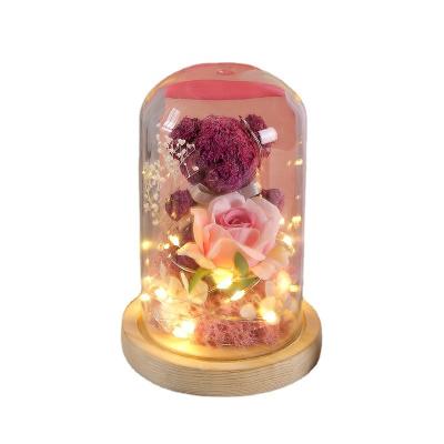 China Good Quality Gift Box Eco-friendly Moss Rose Bear In Glass Dome Artificial Flower Glass Cover For Valentine's Day Gift for sale