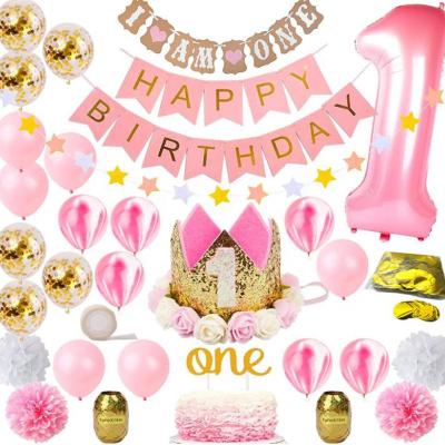 China Pretty Modern/Lovely Pink Baby Shower Decorations Girl ONE Kids Birthday Party With No.1 Foil Balloon Pink Gold Glitter Crown for sale