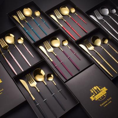 China High Quality Green Red Pink Disposable Flatware 410 Stainless Steel Gold Spoon And Fork Tableware Set In Gift Box for sale