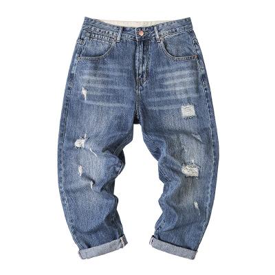 China 2022 Summer New Design Vintage Style Breathable Blue Ripped Washed Jeans Men for sale