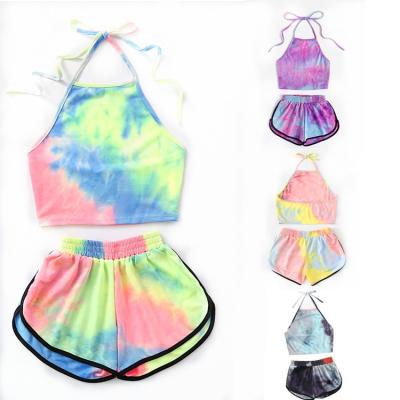 China Anti-Wrinkle Tie Dye Women's Two-piece Set T-Shirts Backless Sexy Navel Straps Tie Dye Women T-shirts Set for sale