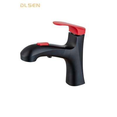 China Matte Black Face Washing Bathroom Faucets Metered Water Faucet With Red Single Lever Handle for sale