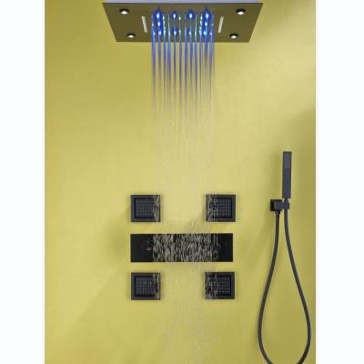 China Without Slide Bar Shower System LED Rain Shower Head Faucet Luxury Black Body Spray Set Large Flow Combined All Functions With Jets For Hotel for sale