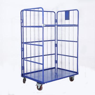 China Warehouse Industrial Storage Folding Assembly Wheels Folding 3 Four Sides Powder Coated Dolly Roll Cage Steel Hand Logistics Trolley for sale